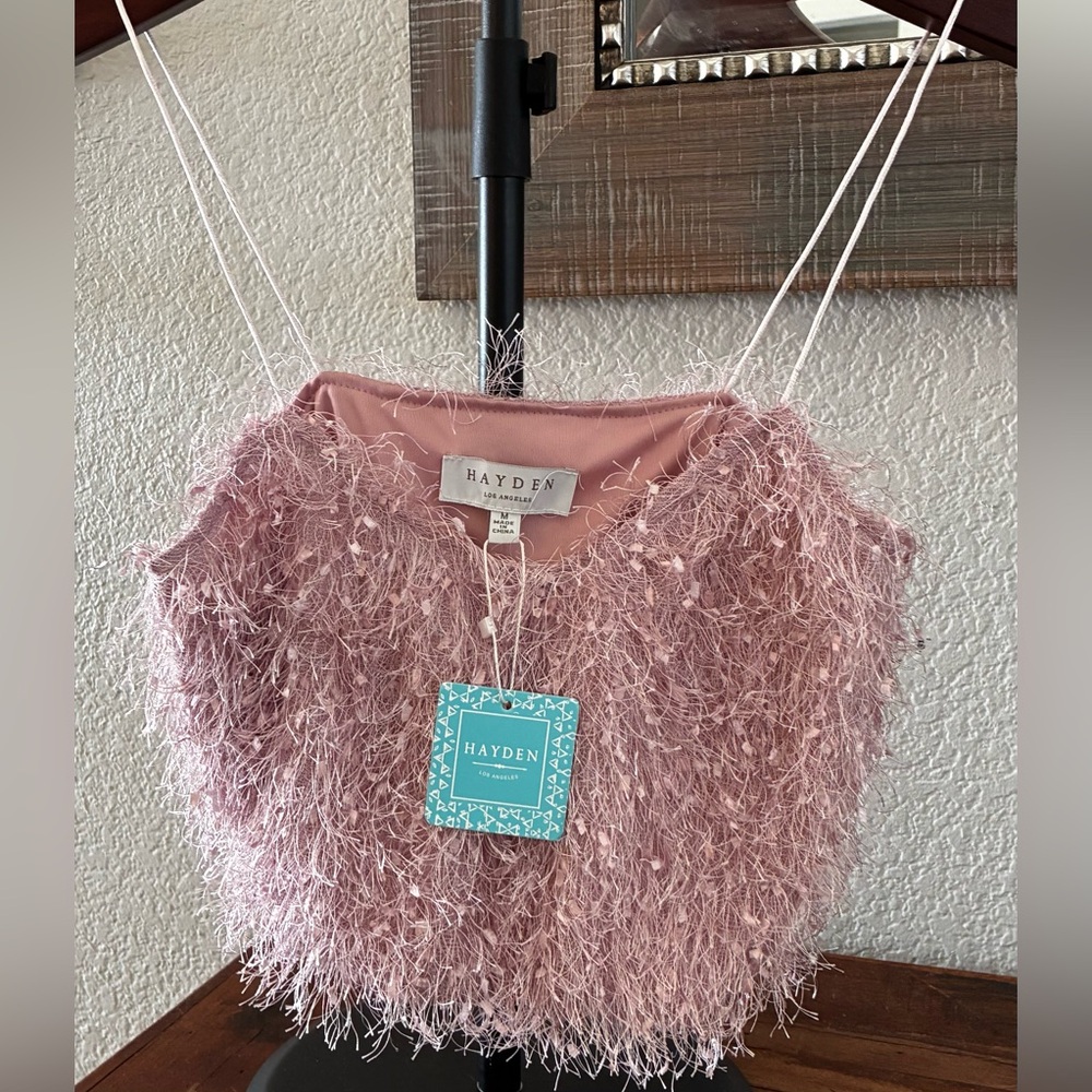 HAYDEN LOS ANGELES Blush Textured Crop Top Tank Cami with Spaghetti Straps. - Picture 2 of 6